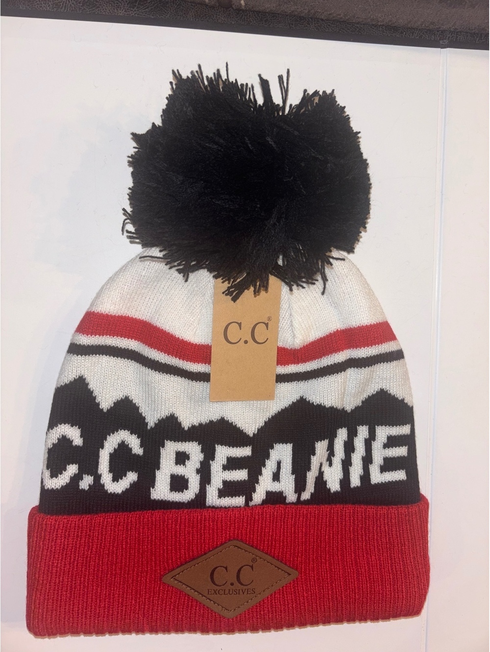 C.C Beanie Pom Pom Knit Winter Hat Red Black White NWT One Size
